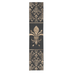 Luxuriöse Schwarz-Gold-Fleur-de-lis-Ornament Kurzer Tischläufer