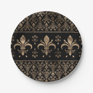 Luxuriöse Schwarz-Gold-Fleur-de-lis-Ornament Pappteller