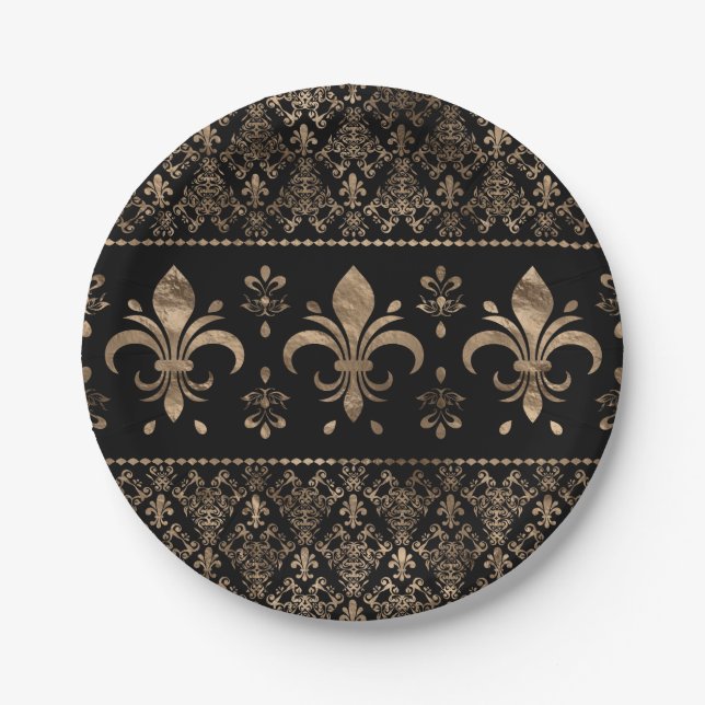 Luxuriöse Schwarz-Gold-Fleur-de-lis-Ornament Pappteller (Vorderseite)