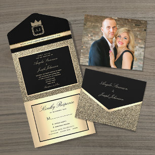 Luxuriöse Schwarz-Gold-Hochzeit All In One Einladung