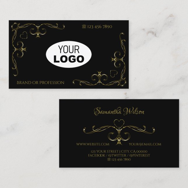 Luxuriöse Schwarz-Gold-Verziert-Eckbänder mit Logo Visitenkarte (Vorne/Hinten)