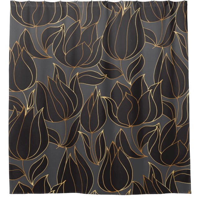 Luxuriöse schwarz-goldene Tulpe nahtlose Patrone Duschvorhang (Vorderseite)