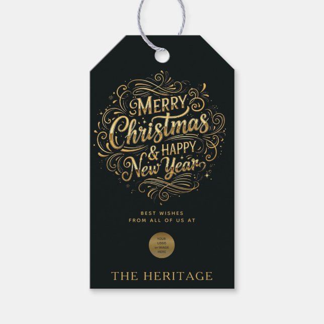 Luxuriöse Schwarz und Gold Custom Logo Frohe Weihn Geschenkanhänger (Vorderseite)