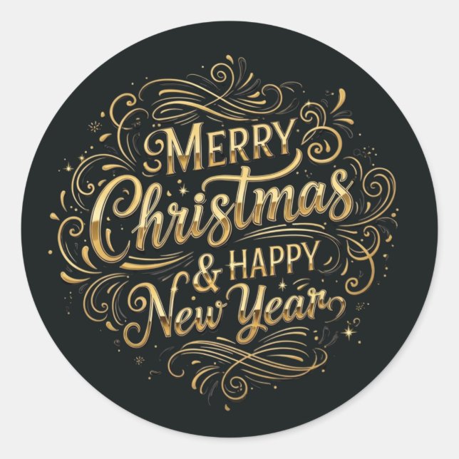 Luxuriöse Schwarz und Gold Frohe Weihnachtsschrift Runder Aufkleber (Vorderseite)