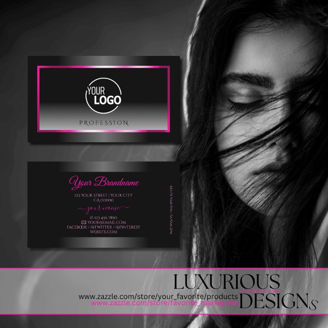 Luxuriöse Schwarz-Weiß Ombre Rosa Rahmen Logo Visitenkarte (Von Creator hochgeladen)