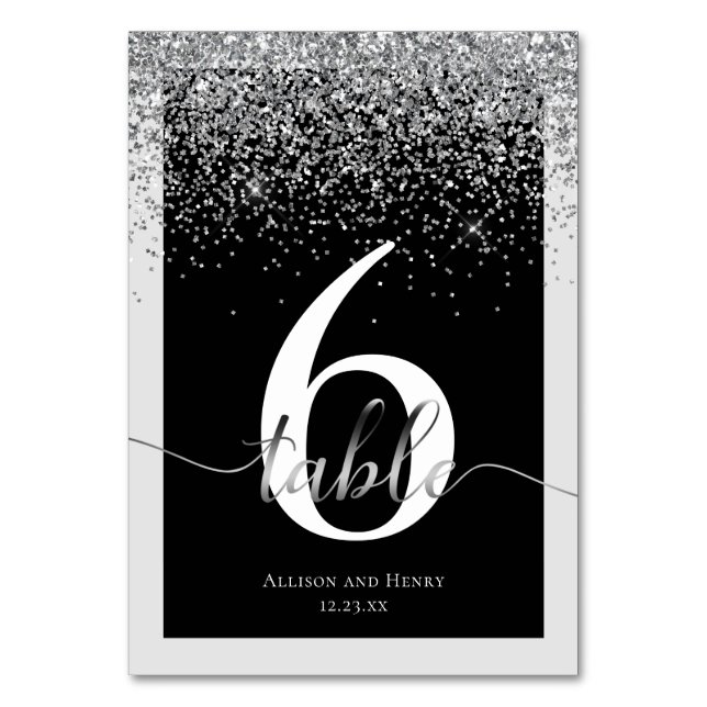 Luxuriöse Schwarz-weiße Typografie Glitzer Hochzei Tischnummer (Vorderseite)