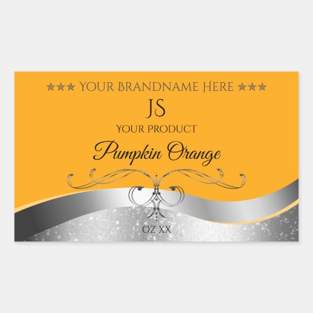 Luxuriöse Silber-Dekor Orange Monogram Label Rechteckiger Aufkleber (Vorderseite)