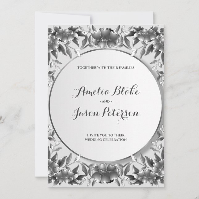 Luxuriöse Silver Carving Foliage Wedding Einladung (Vorderseite)