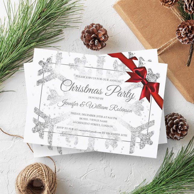 Luxuriöse Silver Glitzer Xmas Holiday Red Ribbon Einladung (Luxurious Silver Glitter Xmas Holiday Red Ribbon Invitation)