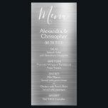 Luxuriöse Silver Modern und elegantes Hochzeitsmen Menükarte<br><div class="desc">Luxuriöse Silver Modern Imitats Metallic Stainless Steel Foil Wedding Menü. Dieses mädchenhafte, moderne Script Wedding Menu kann auf die Namen der Braut und des Bräutigam, den Hochzeitstag und die Menüoptionen für das Hochzeitsessen angepasst werden. Dieses Menü ist Teil einer passenden Hochzeitskollektion und weitere passende Artikel können Sie beim Designer anfordern....</div>