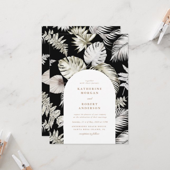 Luxuriöse Silver Tropical Foliage Wedding Einladung (Vorderseite/Rückseite Beispiel)