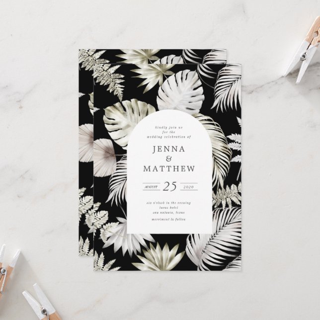 Luxuriöse Silver Tropical Foliage Wedding Einladung (Vorderseite/Rückseite Beispiel)