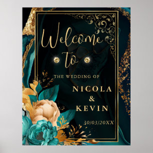 Luxuriöse Teal- und Gold-Blumen-Achat-Hochzeitsbeg Poster