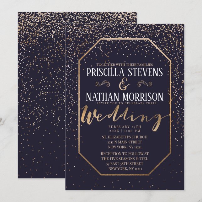 Luxuriöse trendy Gold Confetti Navy Blue Wedding Einladung (Vorne/Hinten)