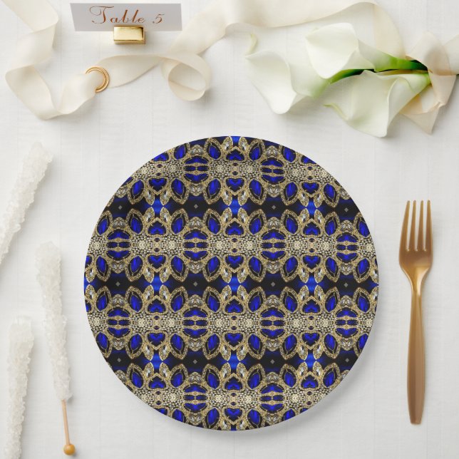Luxuriöse Trendy Stylish Gold Türkise Cobalt Blue Pappteller (Hochzeit)