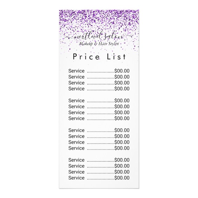 Luxuriöse Tropfen Glitzer lila Salon Rack Card Werbekarte (Vorne)