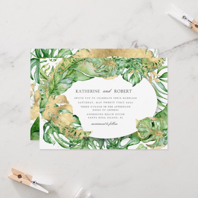 Luxuriöse Tropical Golden Foliage Hochzeit Einladung (Vorderseite/Rückseite Beispiel)