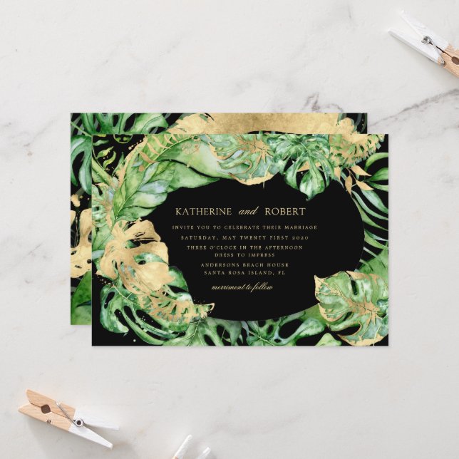 Luxuriöse Tropical Golden Foliage Hochzeit Einladung (Vorderseite/Rückseite Beispiel)