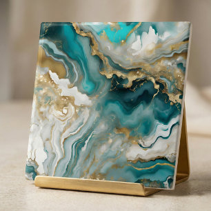 Luxuriöse Türkis- und Gold-Achat-Marmor-Fluid-Art Fliese