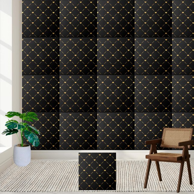 Luxuriöse und elegante Black and Gold Hearts Tile Fliese (Luxurious and Elegant Black and Gold Hearts Tile)