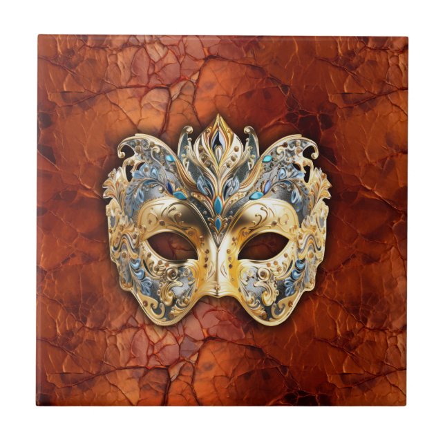 Luxuriöse Venezianische Maske auf Rot-Rost-Hinterg Fliese (Vorderseite)