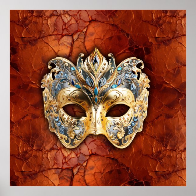 Luxuriöse Venezianische Maske auf Rot-Rost-Hinterg Poster (Vorne)