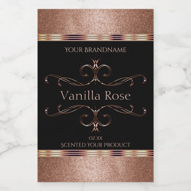 Luxuriöse Verzierte Rosegold Glitzer Black Product Lebensmitteletikett (Einzelnes Label)