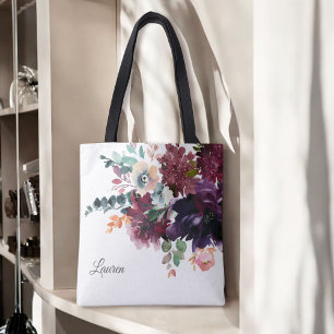 Luxuriöse Wasserfarbe Burgunder Floral mit Namen Tasche