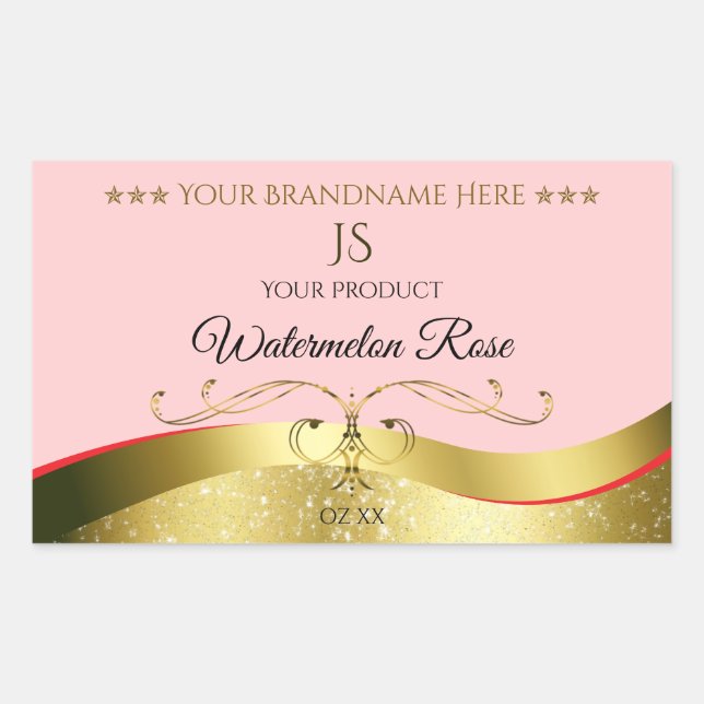 Luxuriöse Wavy Gold Dekoration Light Red Monogram  Rechteckiger Aufkleber (Vorderseite)