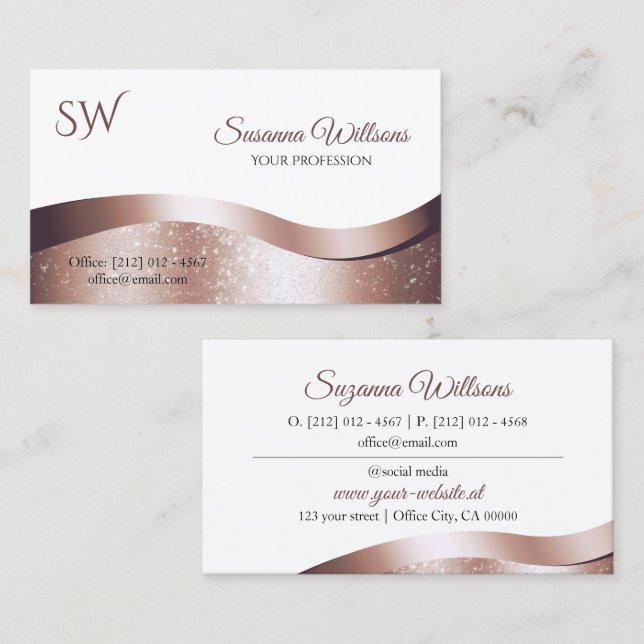 Luxuriöse Wavy Rose Gold Deco Weiß mit Monogram Visitenkarte (Vorne/Hinten)