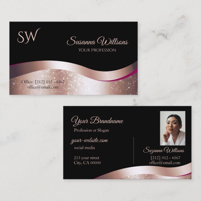 Luxuriöse Wavy Rose Gold Decoder Black Monogram Fo Visitenkarte (Vorne/Hinten)