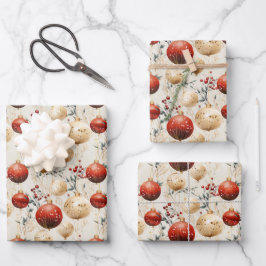 Luxuriöse Weihnachtsbaubles und Sterne in Rot und Geschenkpapier Set