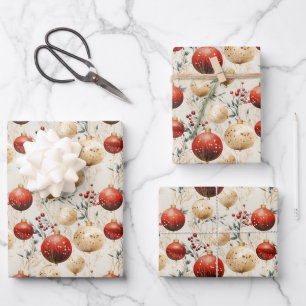 Luxuriöse Weihnachtsbaubles und Sterne in Rot und Geschenkpapier Set