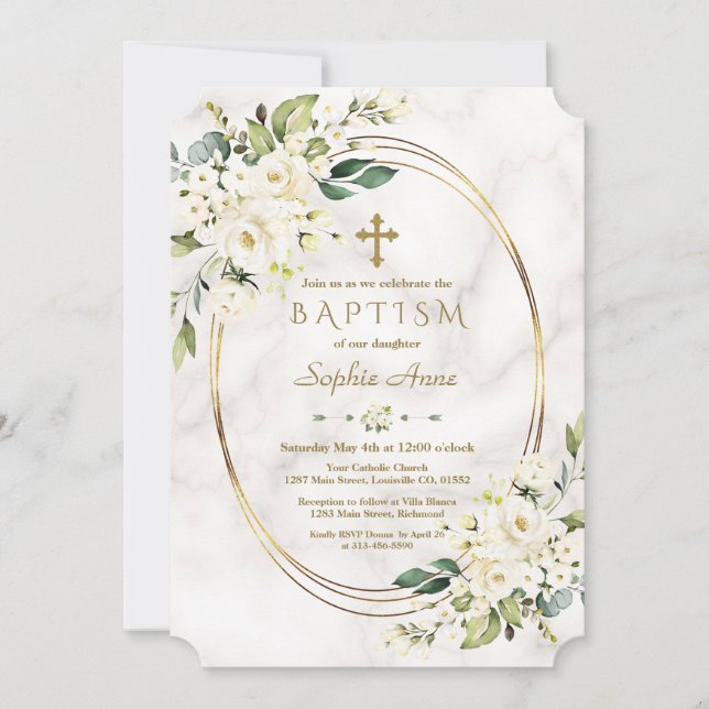 Luxuriöse weiße Blume Marmor Gold Cross Taufe Einladung (Vorderseite)