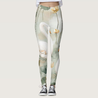 Luxuriöse weiße Schwan- und Wasserlilien-Wasserfar Leggings