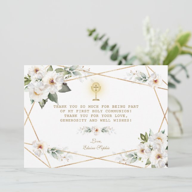 Luxuriöse White Blume Gold Erste Heilige Kommune Dankeskarte (Stehend Vorderseite)