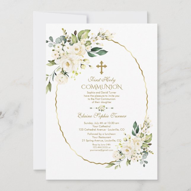 Luxuriöse White Blume Gold Erste Heilige Kommune Einladung (Vorderseite)
