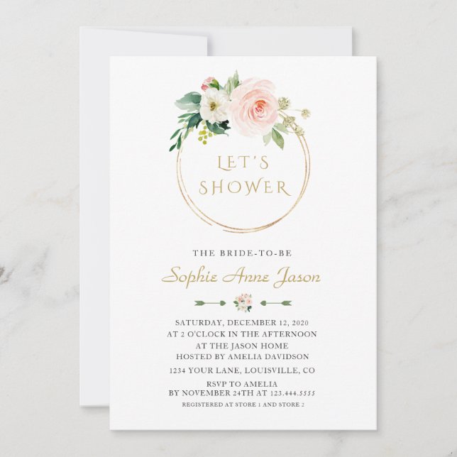Luxuriöse White Blume Gold Frame Brautparty Einladung (Vorderseite)