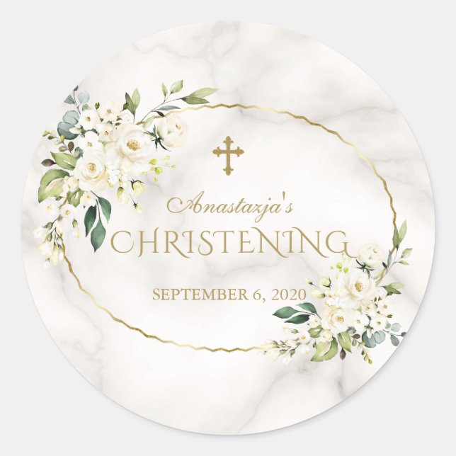 Luxuriöse White Blume Gold Marmor Christening Runder Aufkleber (Vorderseite)