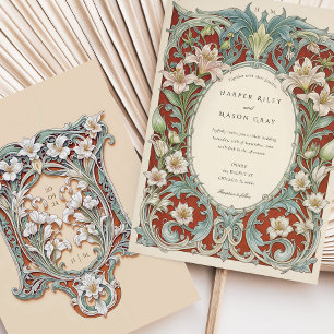 Luxuriöse White Lilies Art Nouveau Hochzeit Einladung
