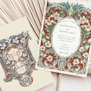 Luxuriöse White Lilies Art Nouveau Hochzeit Einladung
