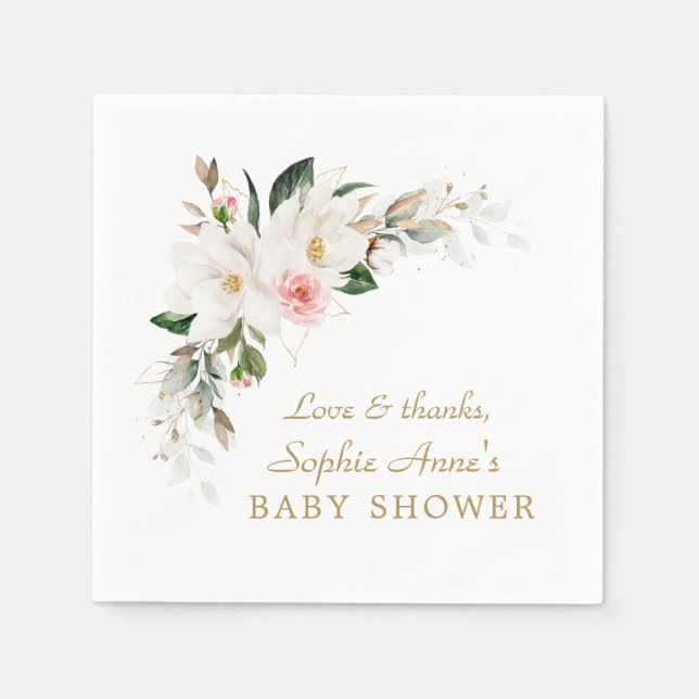 Luxuriöse White Magnolia Pink Floral Baby Dusche Serviette (Vorderseite)