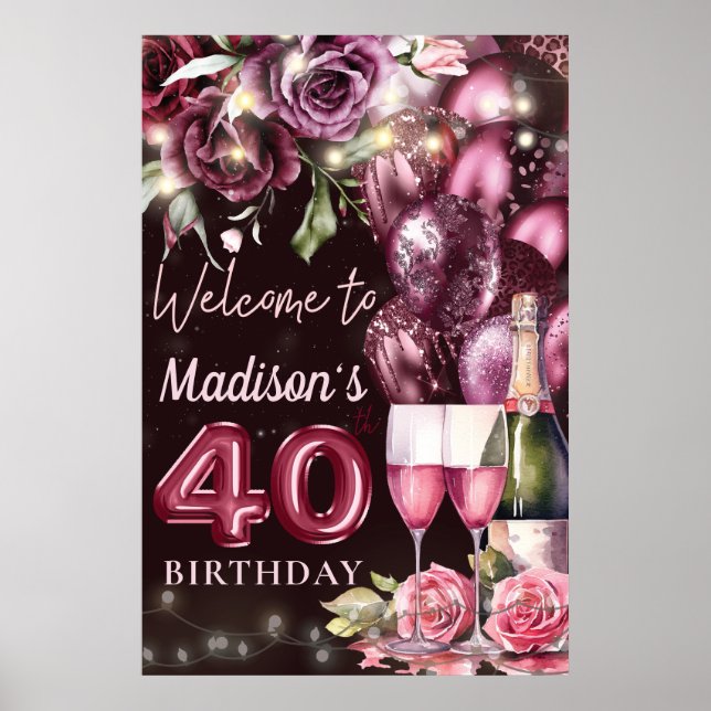 Luxuriöse Wine Magenta 40. Geburtstag Begrüßungsze Poster (Vorne)
