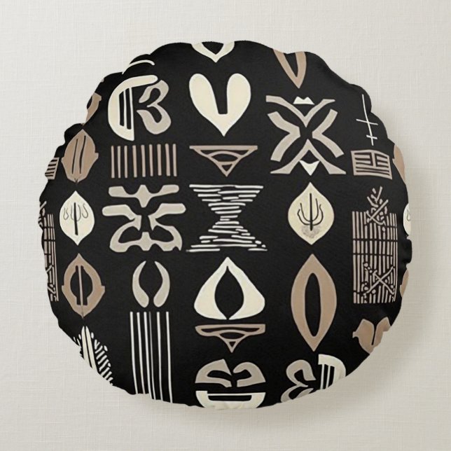 Luxuriöser afrikanischer Karibik-Mudcloth Rundes Kissen (Vorderseite)