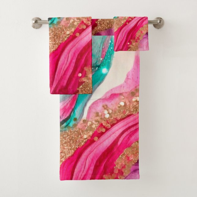 Luxuriöser Aquamarin Pink Gold Glitzer Badhandtuch Set (Insitu)