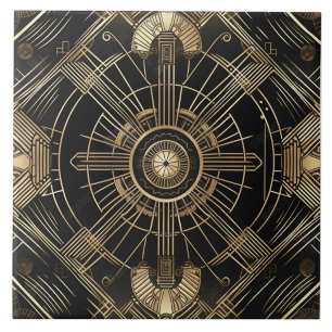 Luxuriöser Art Deco, Schwarz und Gold, Geometrie Fliese