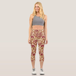 Luxuriöser Barock-Blumen Gold und Burgund Capri Leggings