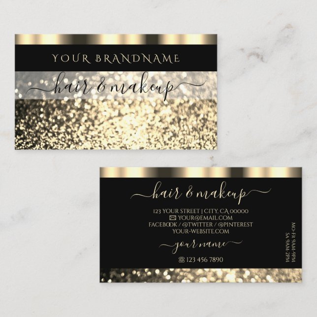 Luxuriöser Black and Gold Sparkling Glitzer Glamou Visitenkarte (Vorne/Hinten)