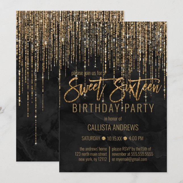 Luxuriöser Black Gold Glitzer Perl Marble Sweet 16 Einladung (Vorne/Hinten)