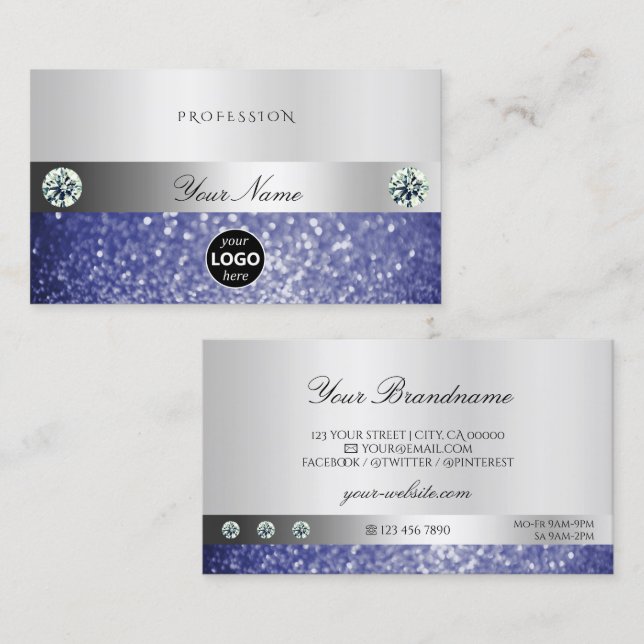 Luxuriöser Blue Glitzer mit Logo Shimmery Silver Visitenkarte (Vorne/Hinten)